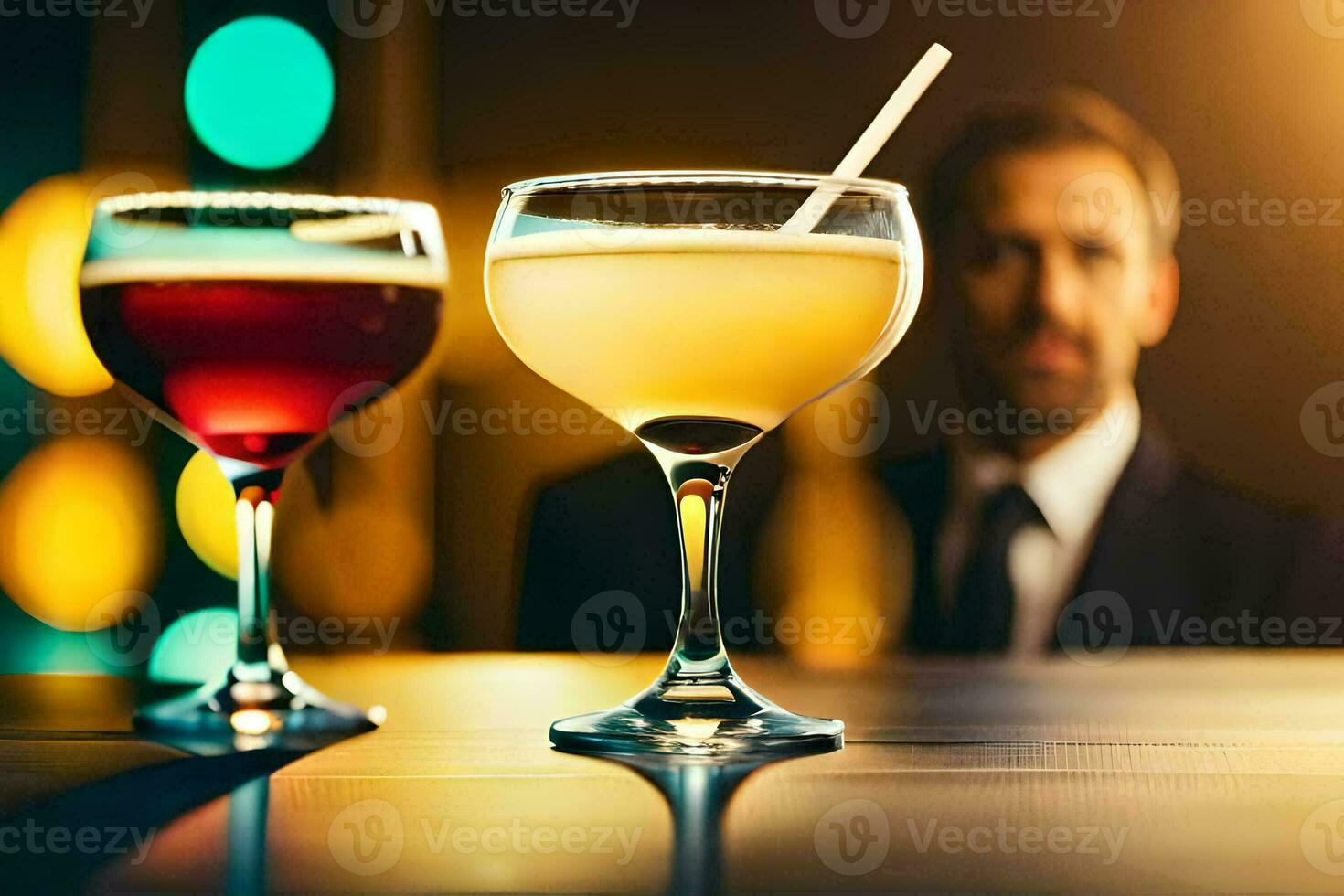 two glasses of cocktails on a bar. AI-Generated photo