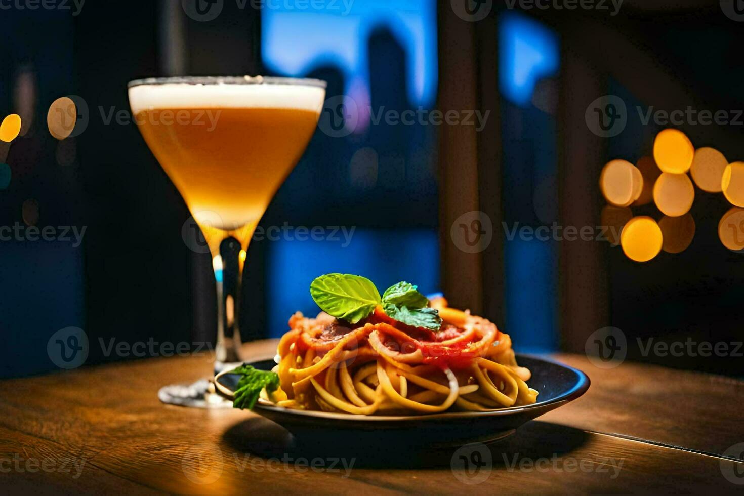 a plate of spaghetti and a cocktail on a table. AI-Generated photo
