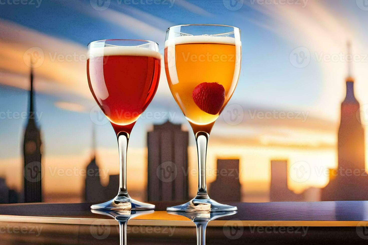 two glasses of champagne with a view of the city. AI-Generated photo