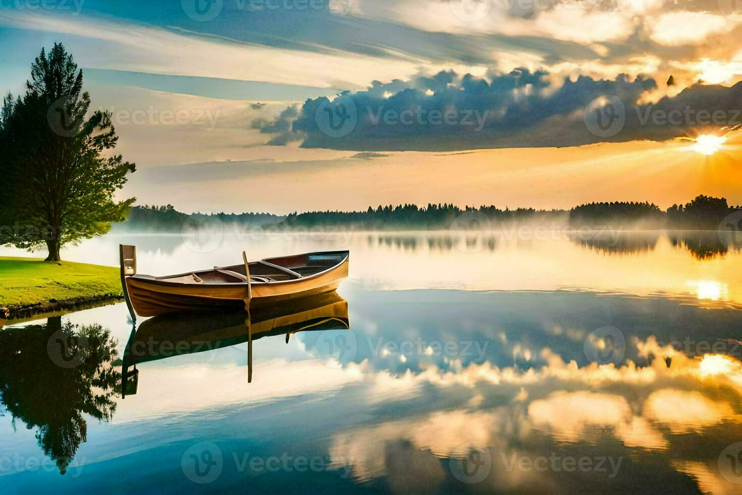 a boat is docked on the shore of a lake at sunset. AI-Generated photo