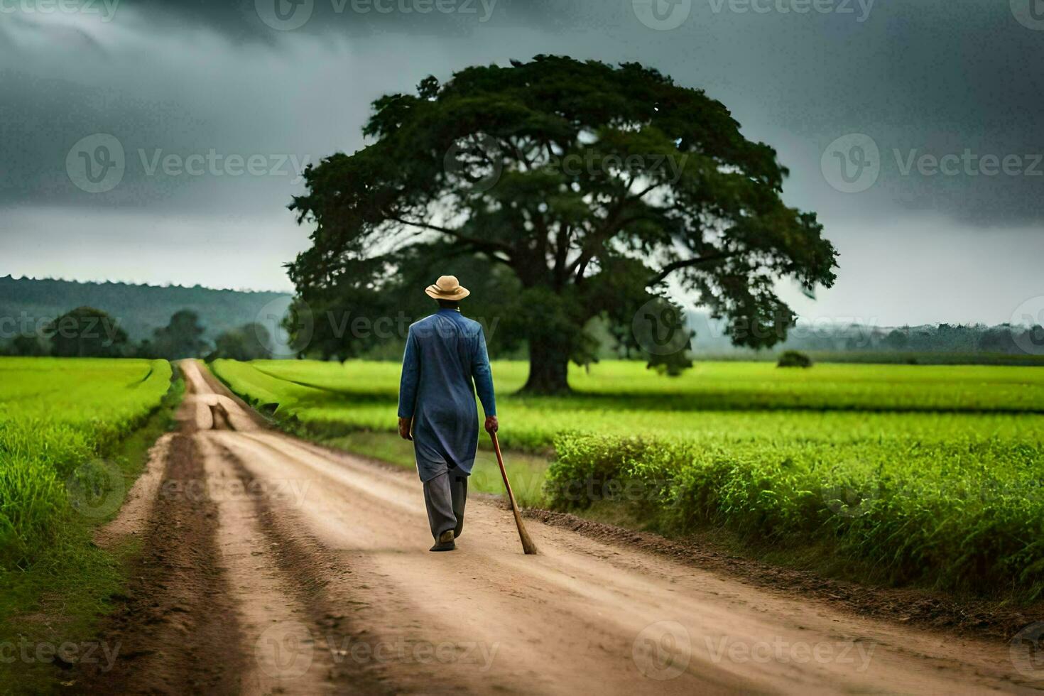a man walking down a dirt road with a stick. AI-Generated photo