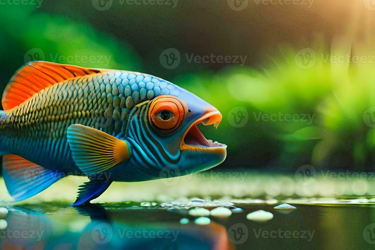 a fish with an open mouth is standing in water. AI-Generated photo