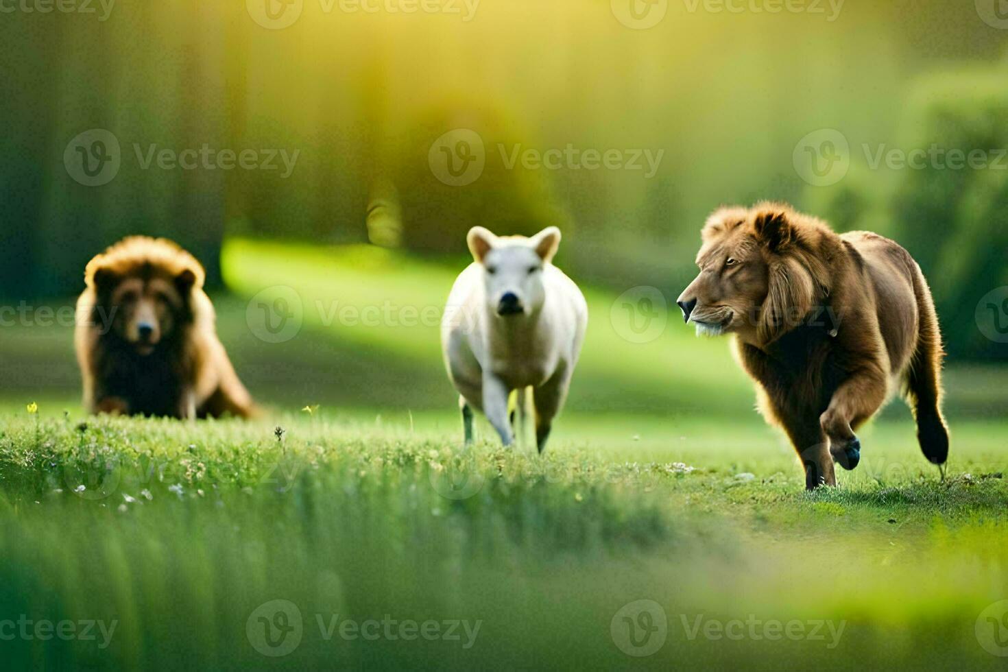 three lions and a white horse running in the grass. AI-Generated photo