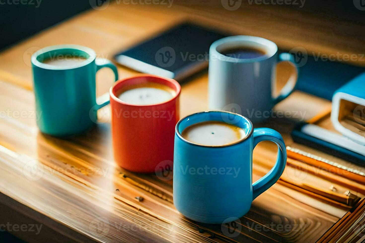 four coffee cups on a wooden table. AI-Generated photo