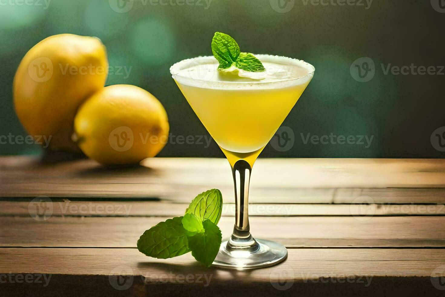 a cocktail with lemon and mint on a wooden table. AI-Generated photo