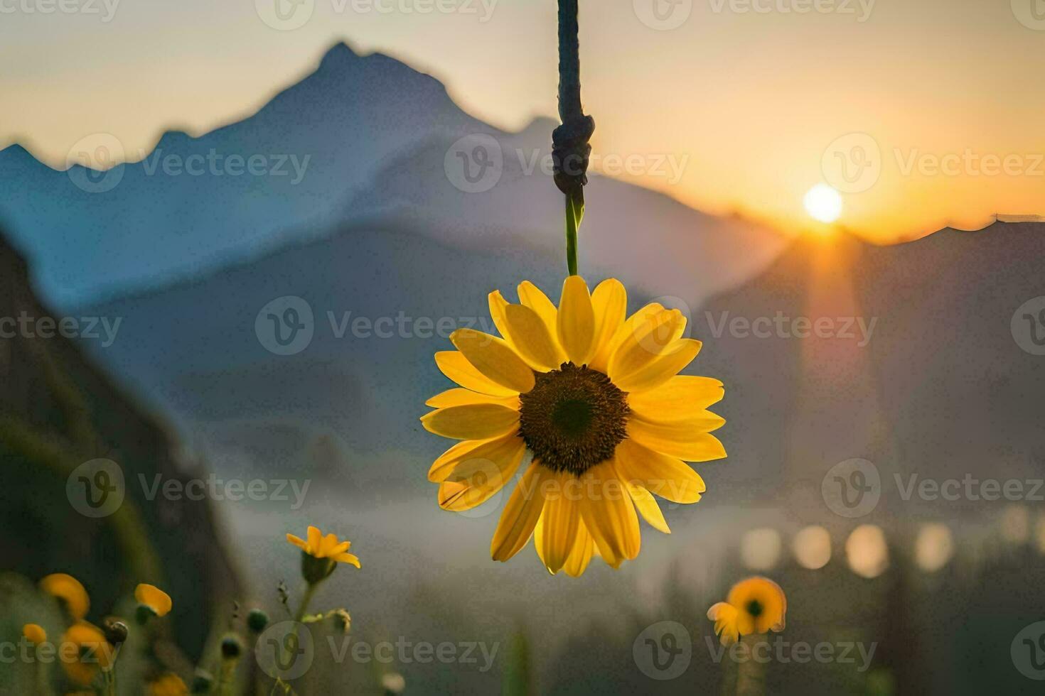 sunflower hanging from a rope in front of mountains. AI-Generated photo