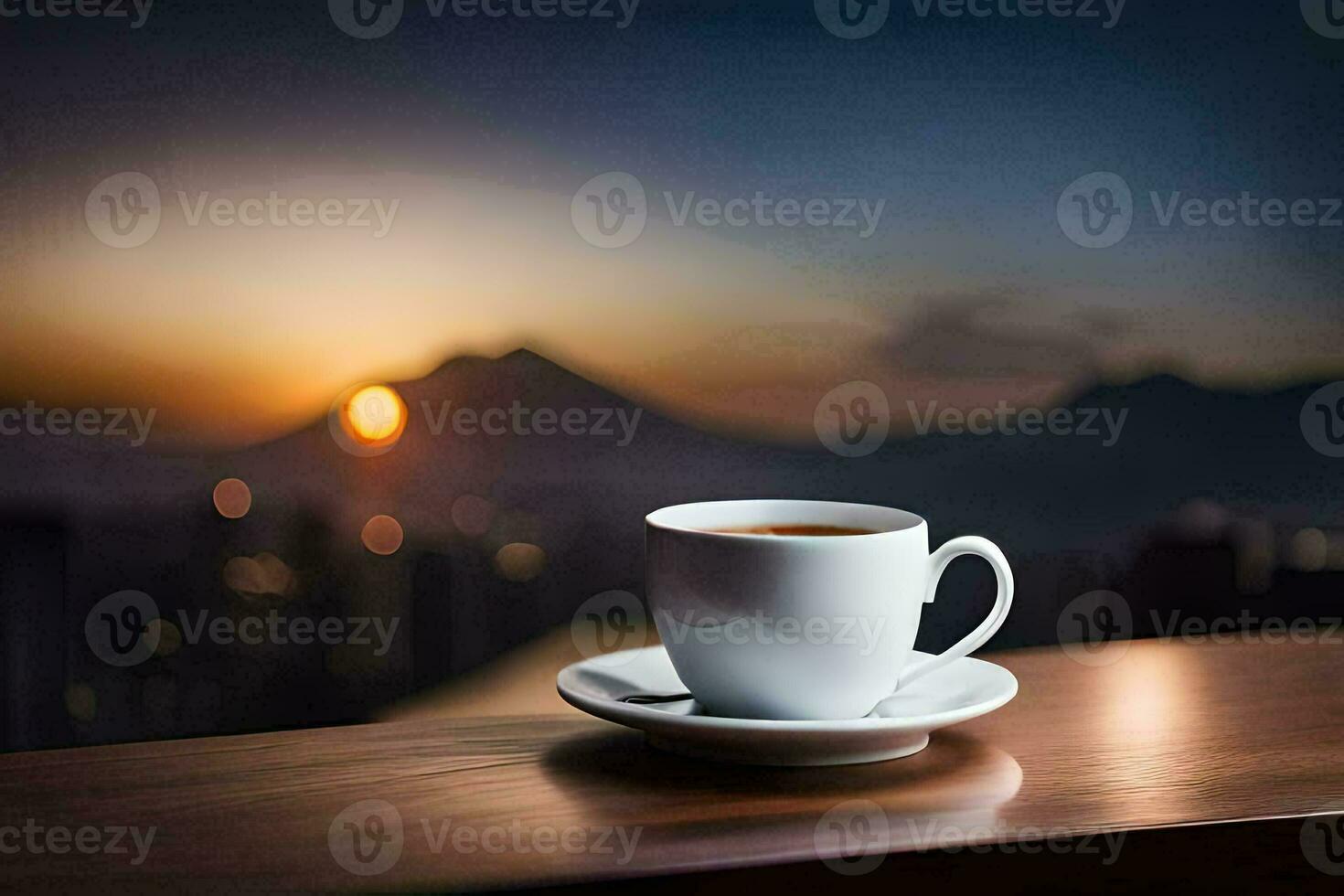 a cup of coffee on a table in front of a cityscape. AI-Generated photo