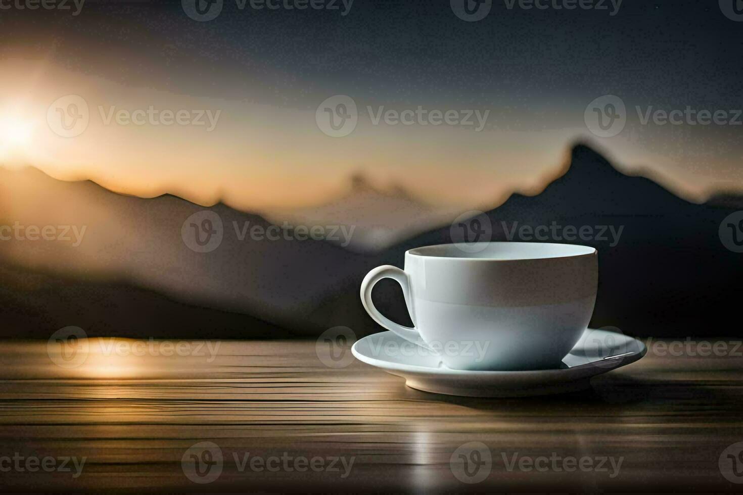 coffee cup on the table with mountains in the background. AI-Generated photo