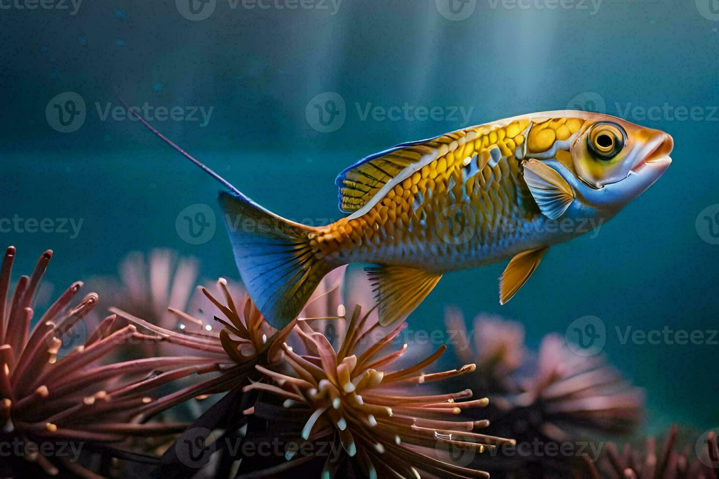 a fish swimming in the ocean with an anemone. AI-Generated photo