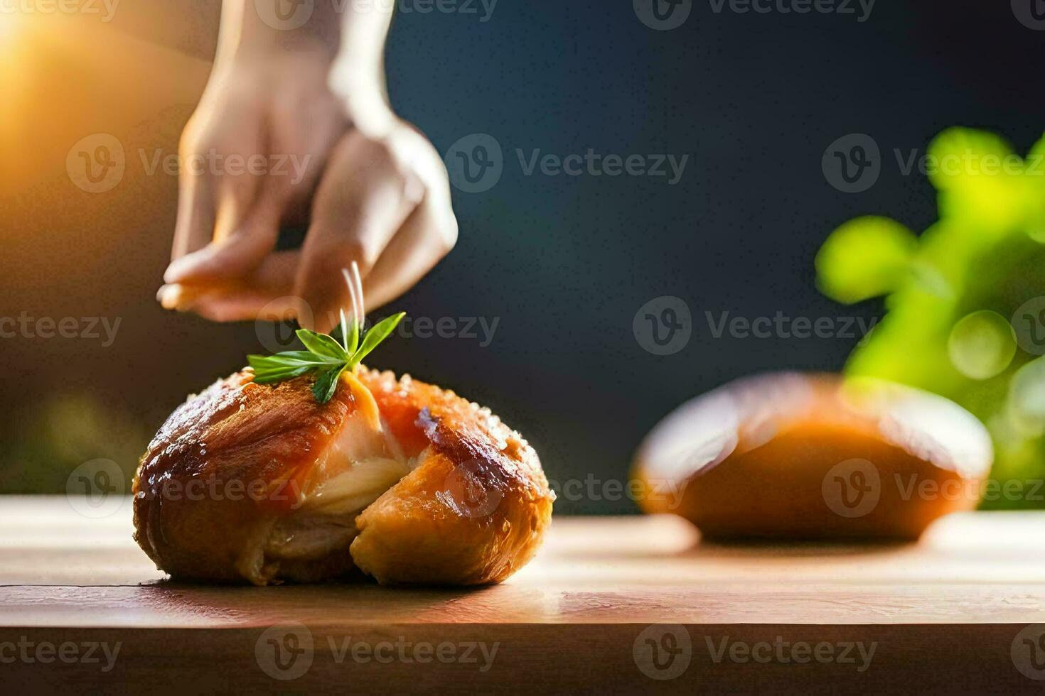 a person is cutting a piece of meat off of a bun. AI-Generated photo