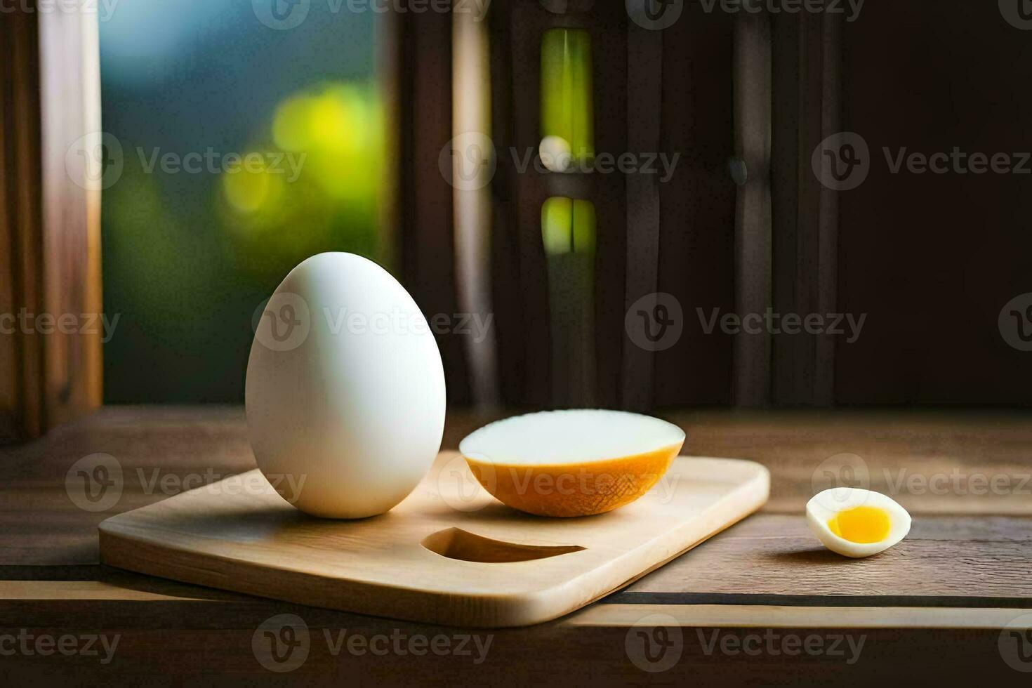 an egg and an egg shell on a cutting board. AI-Generated photo