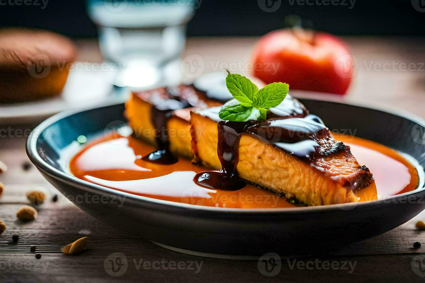 a plate of food with a slice of cake and sauce. AI-Generated photo