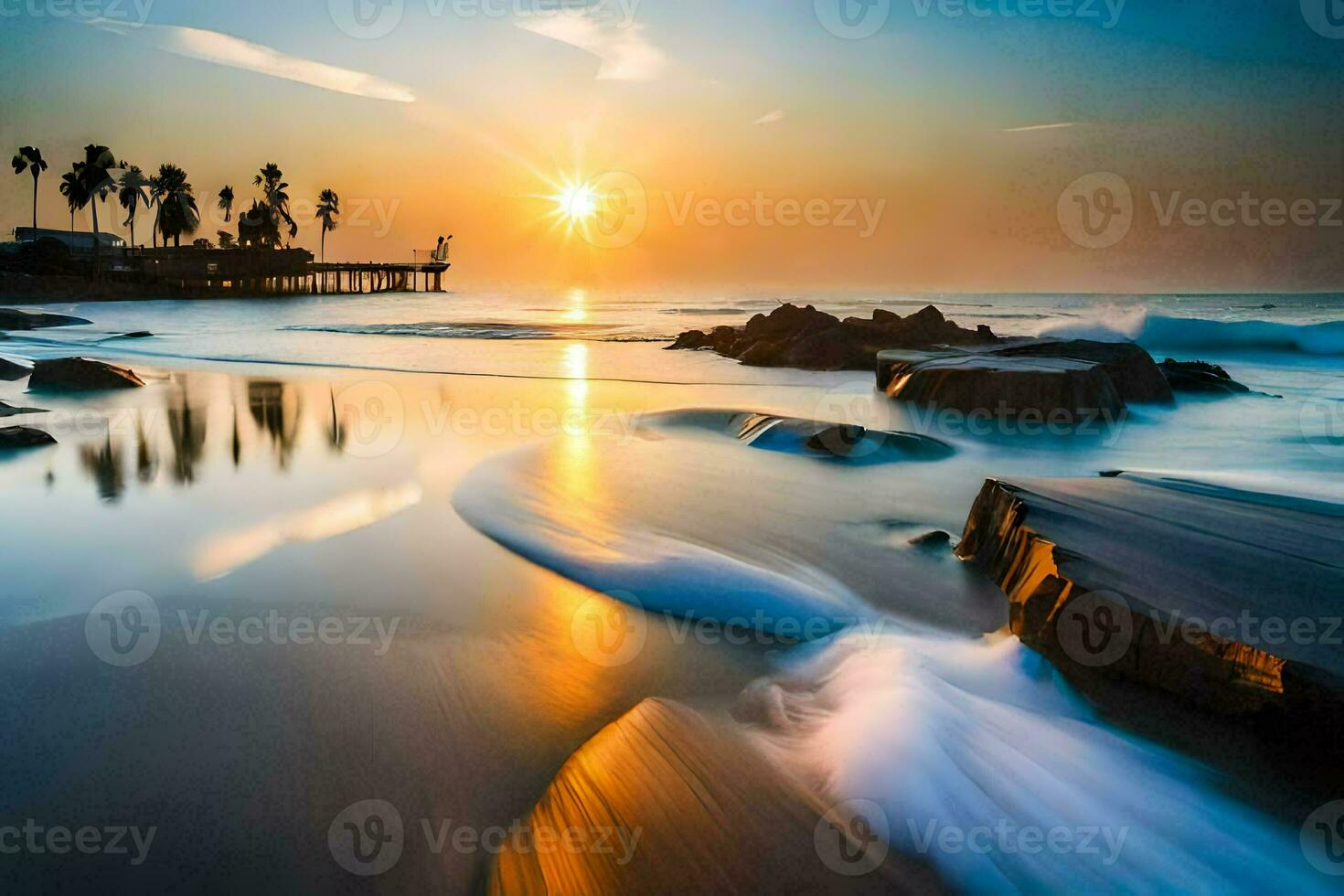 the sun rises over the ocean and waves. AI-Generated photo