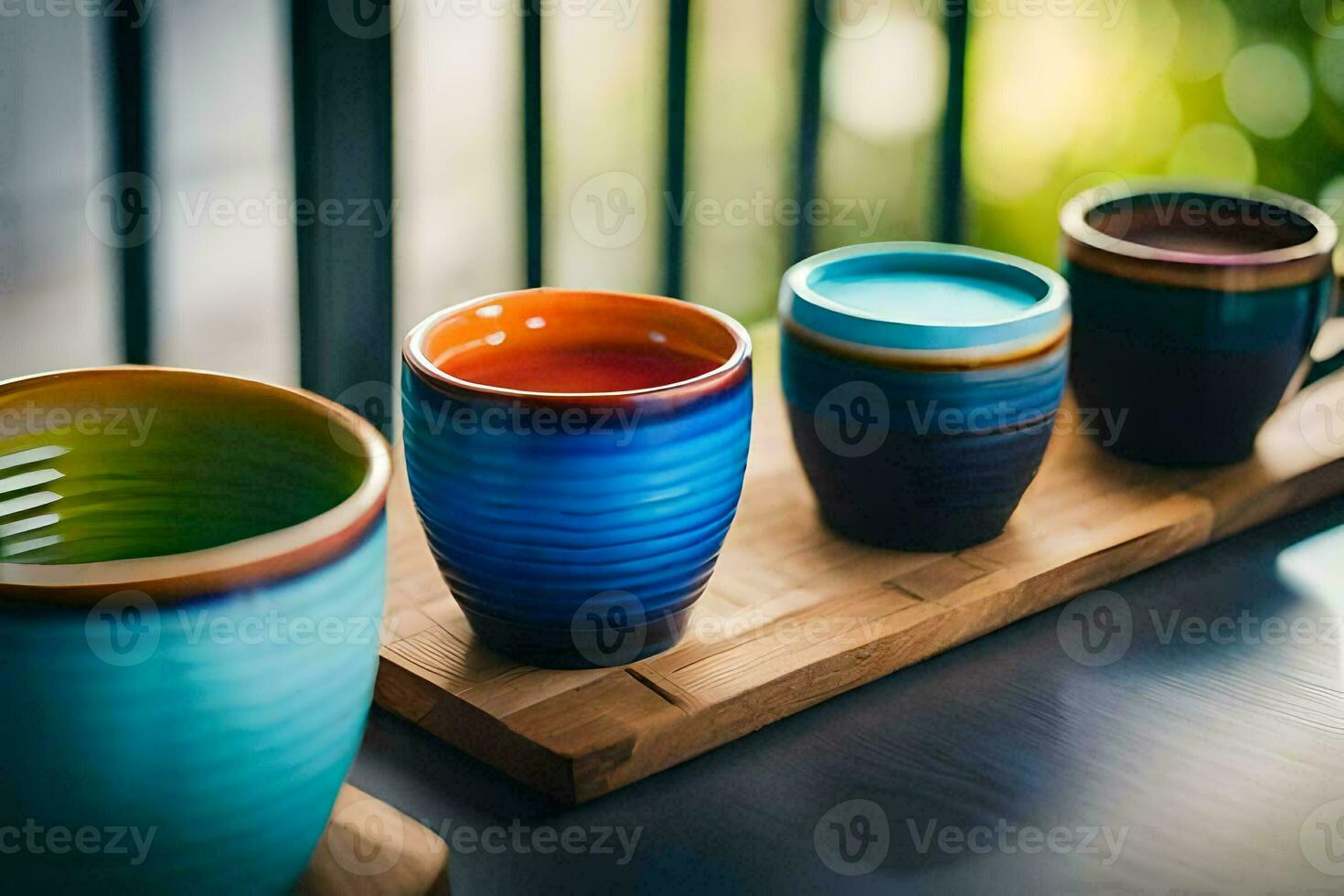 colorful cups on a wooden tray. AI-Generated photo