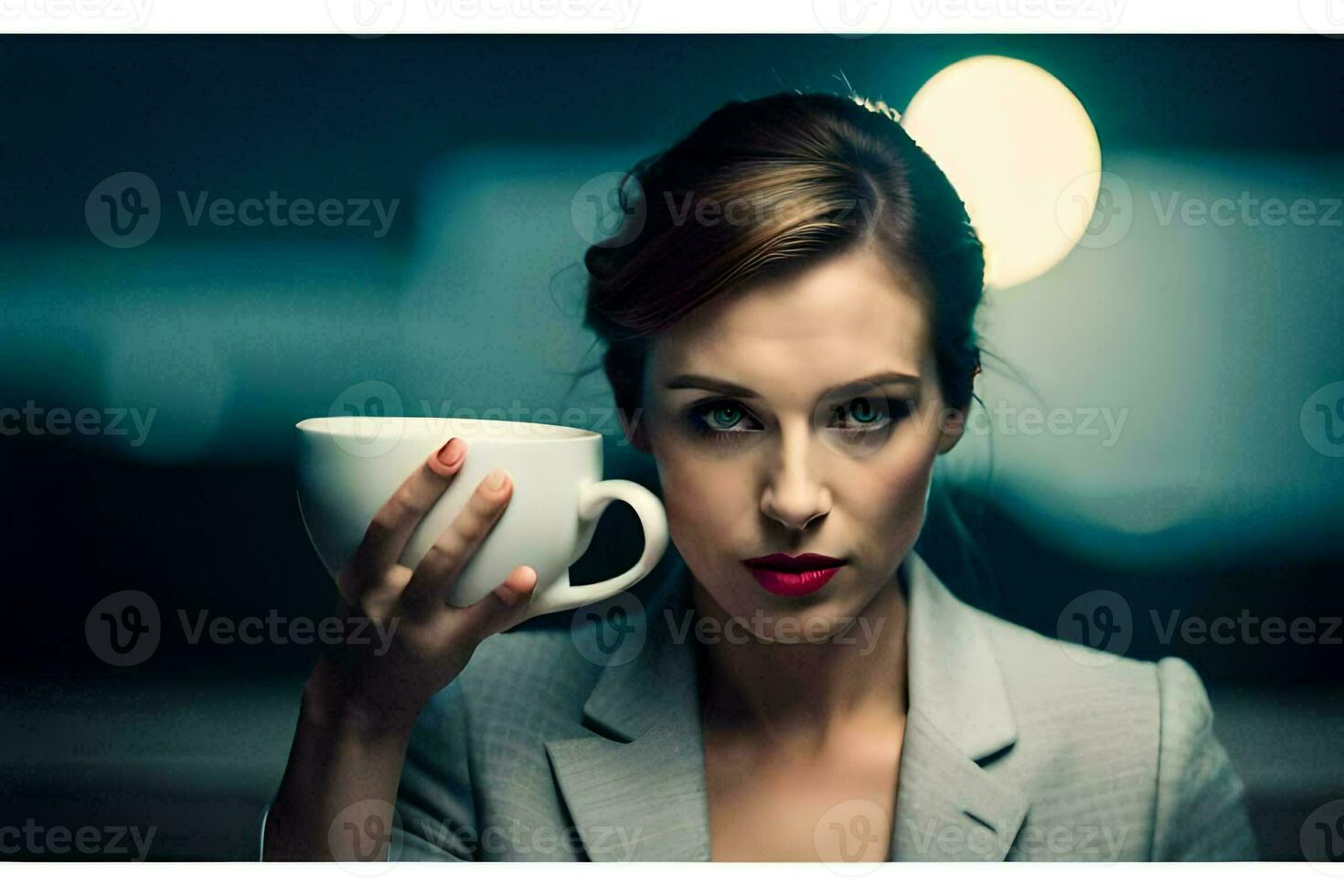 a woman in a suit holding a coffee cup. AI-Generated photo
