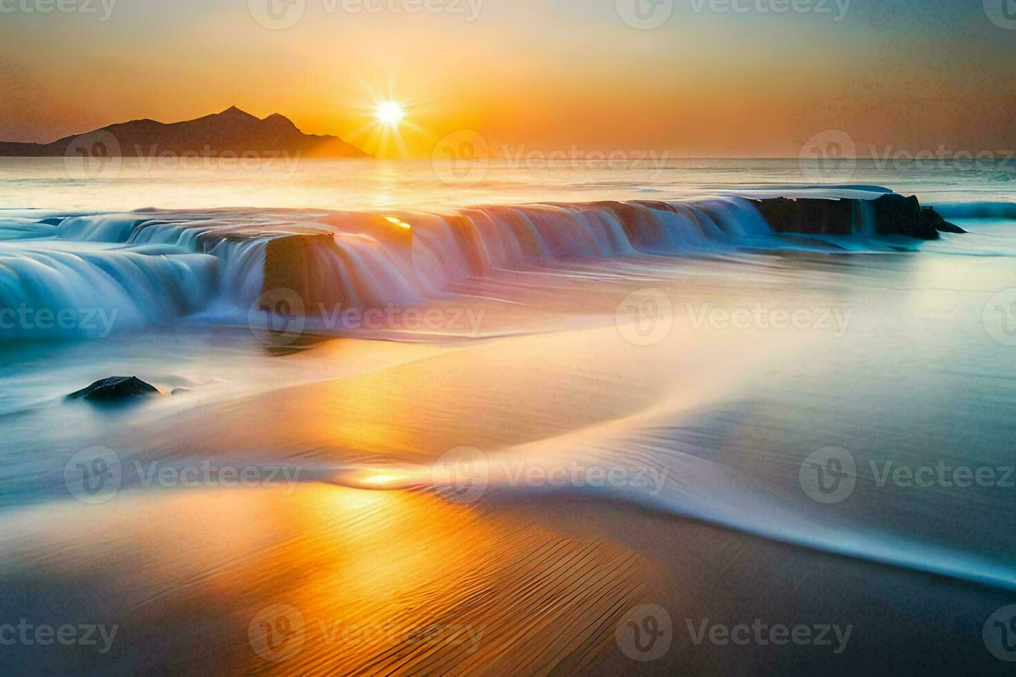 a beautiful sunset over the ocean with waves crashing into the shore. AI-Generated photo