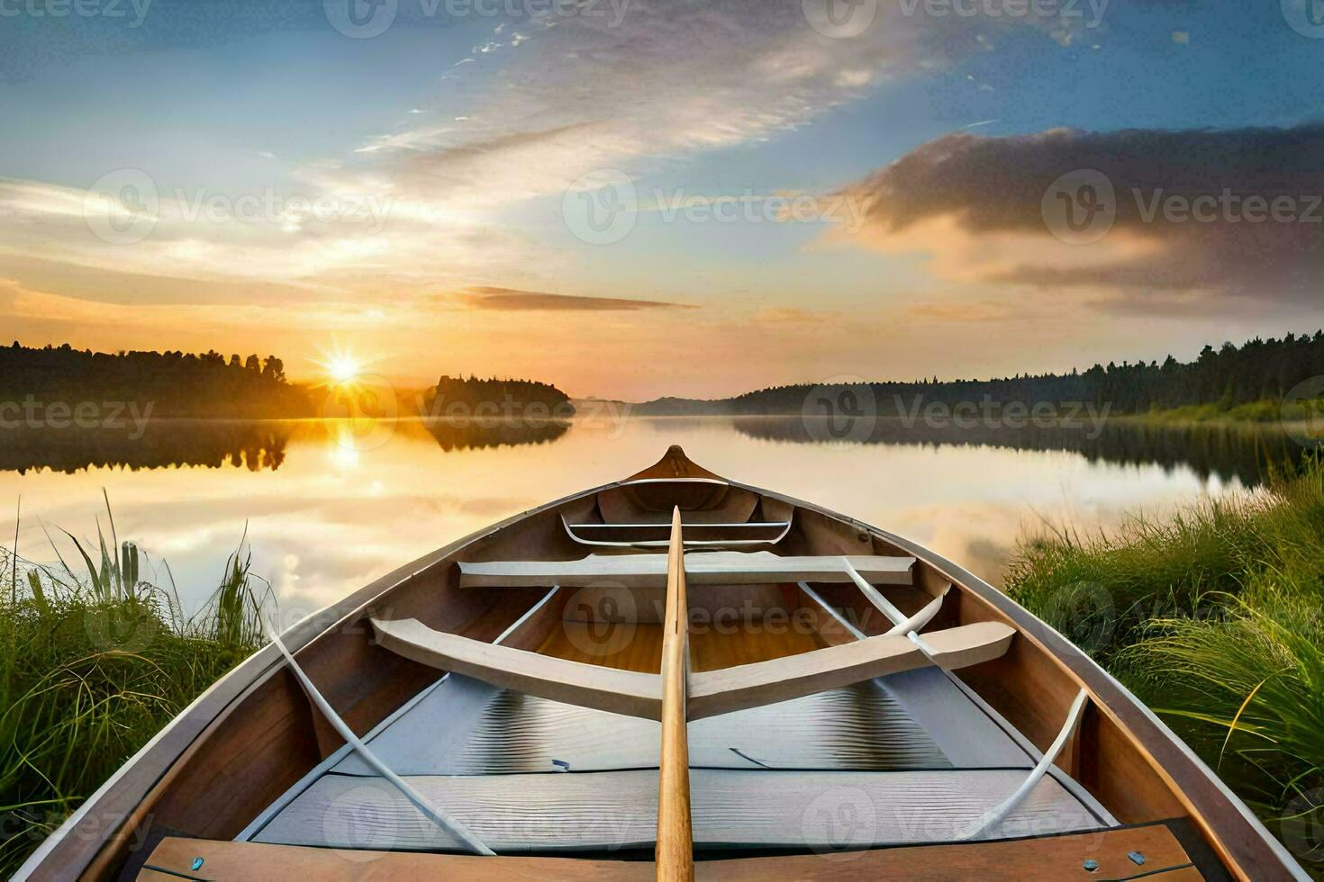 the boat is on the shore of a lake at sunset. AI-Generated photo