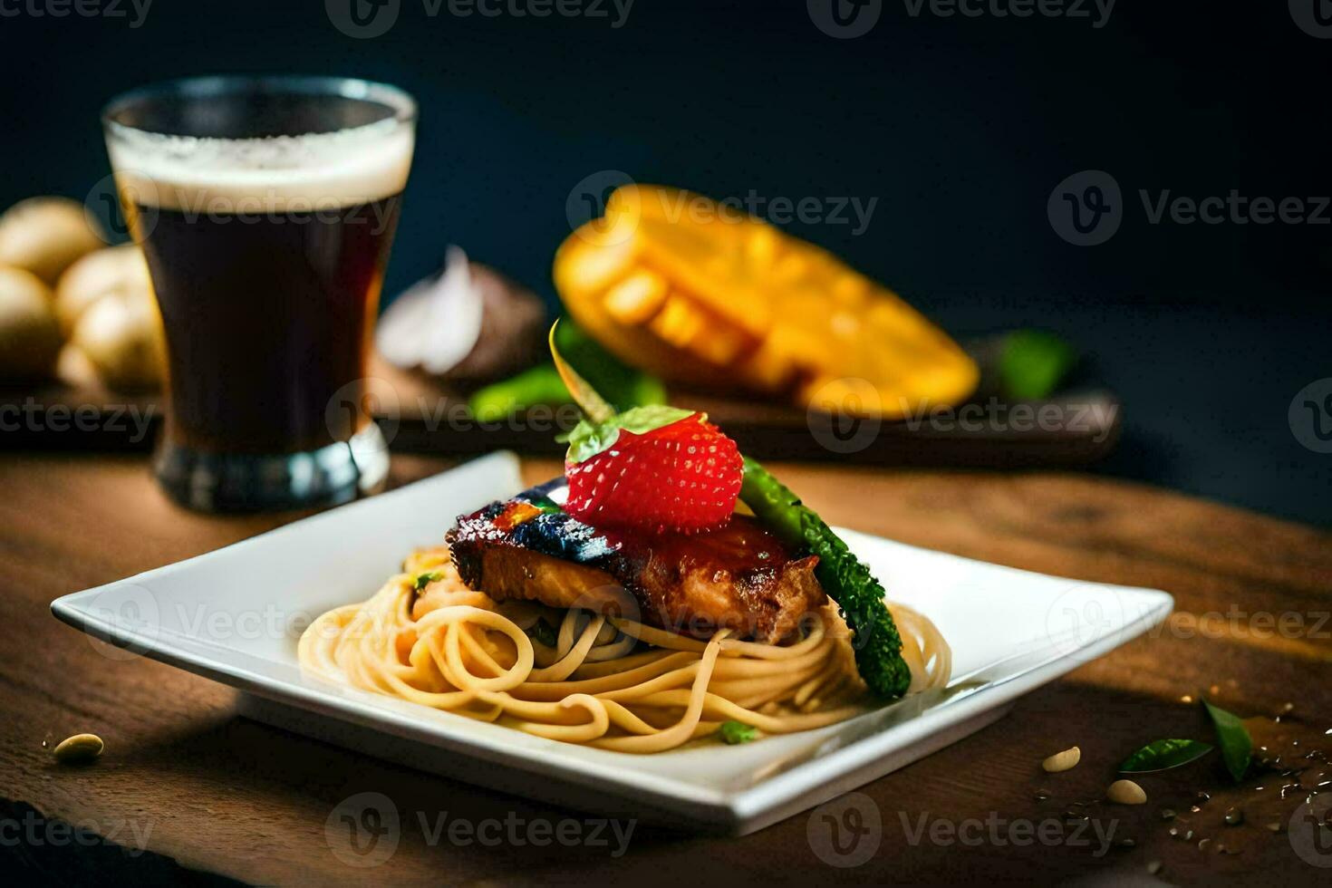 a plate of spaghetti with meat and strawberries on it. AI-Generated photo