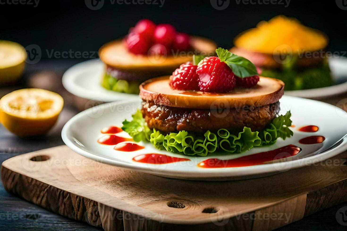 two hamburgers with fruit on top on a plate. AI-Generated photo