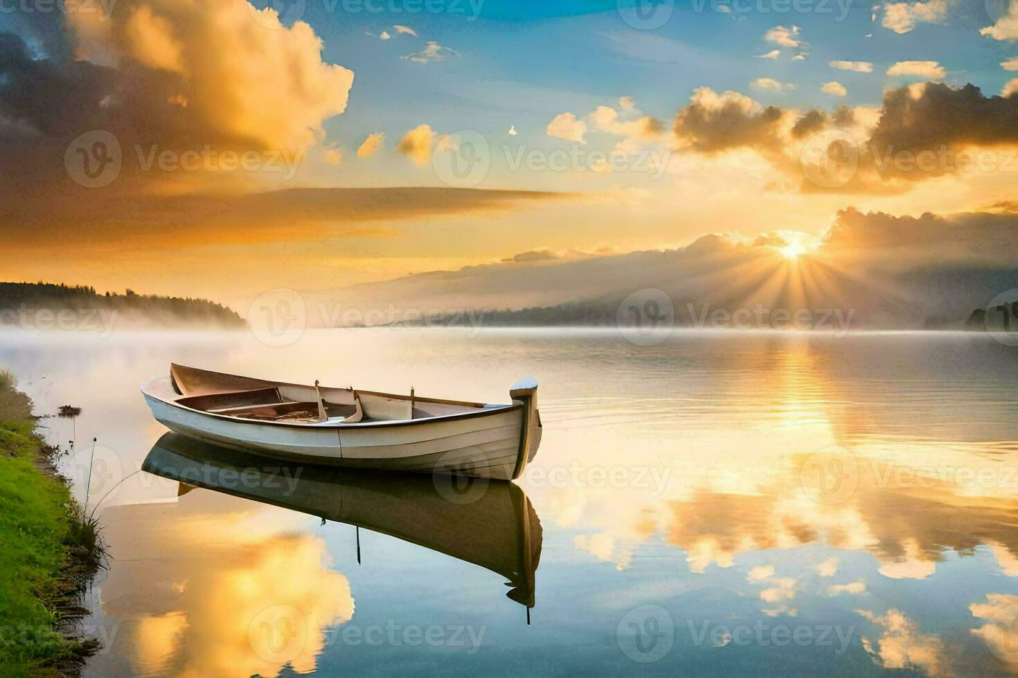 a boat on the lake at sunrise. AI-Generated photo