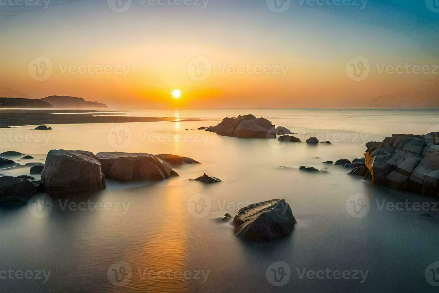 the sun sets over the ocean and rocks. AI-Generated photo