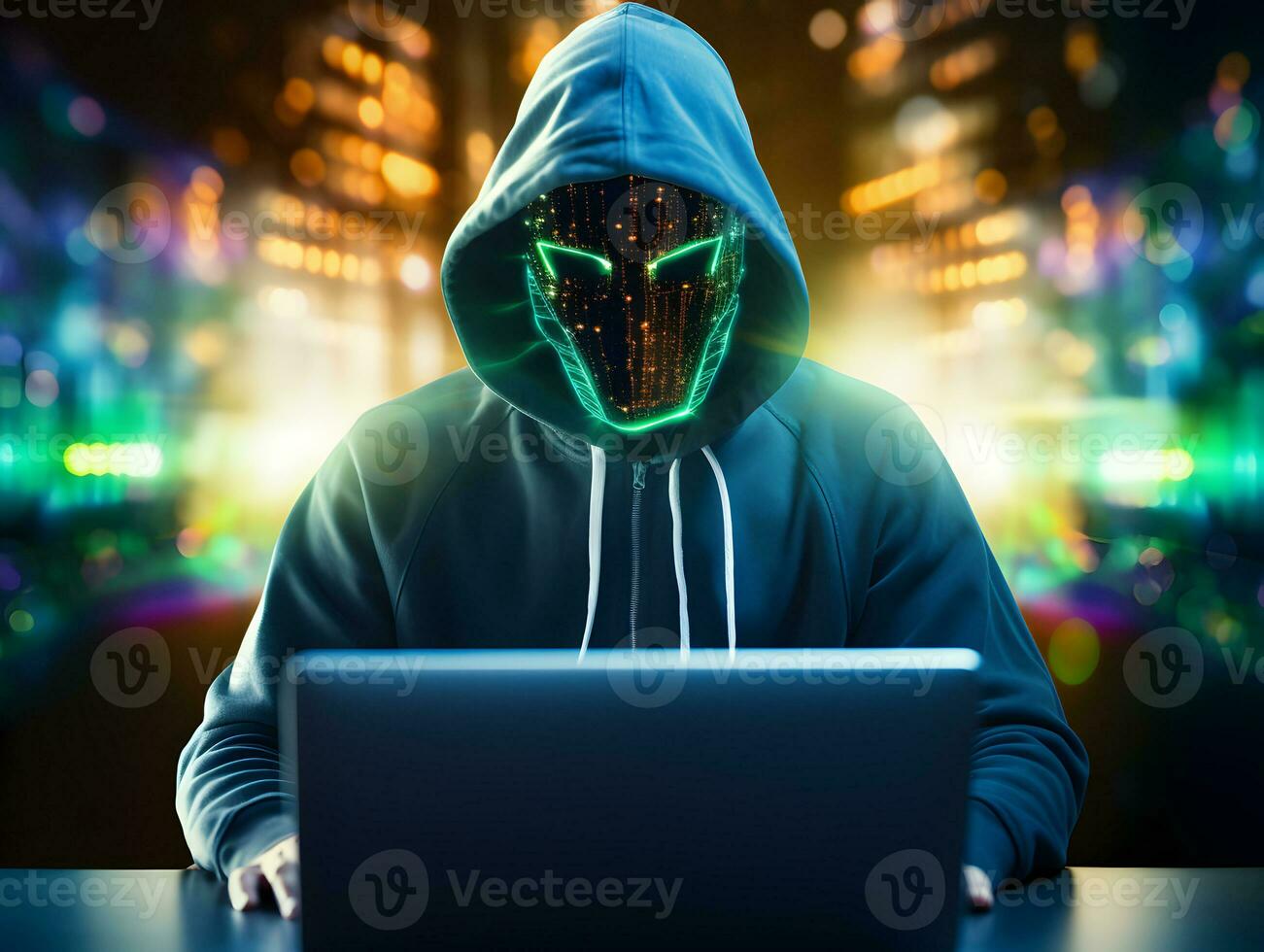 Anonymous hacker with computer laptop. Concept of cybercrime, cyberattack, dark web. photo