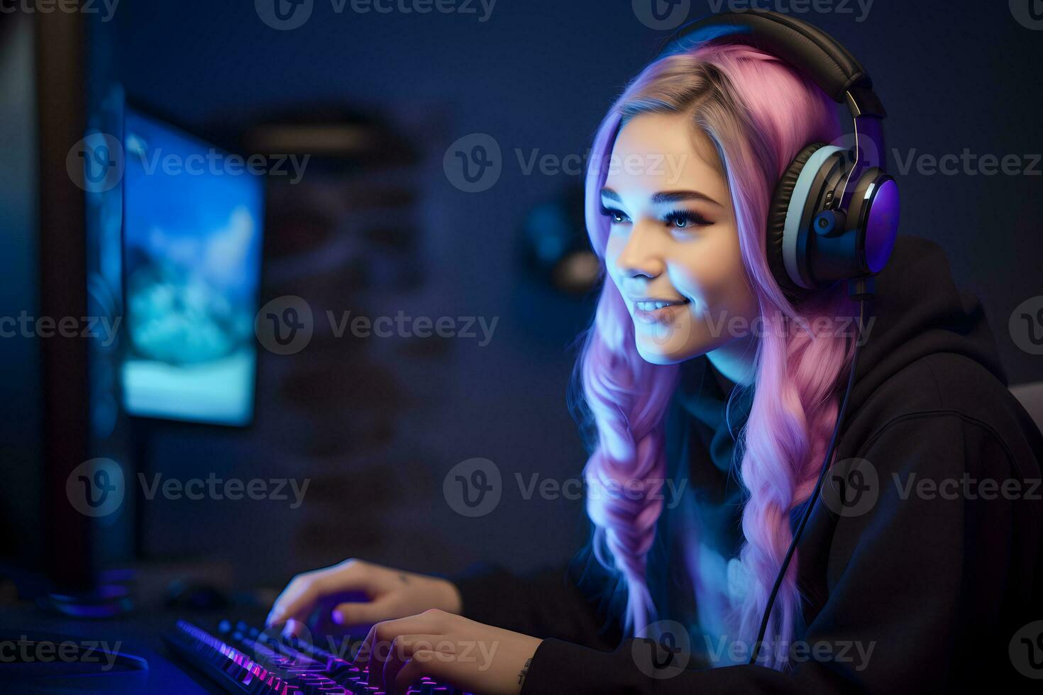 Beautiful girl playing and streaming online game. Esport, gamer and streamer concept. photo