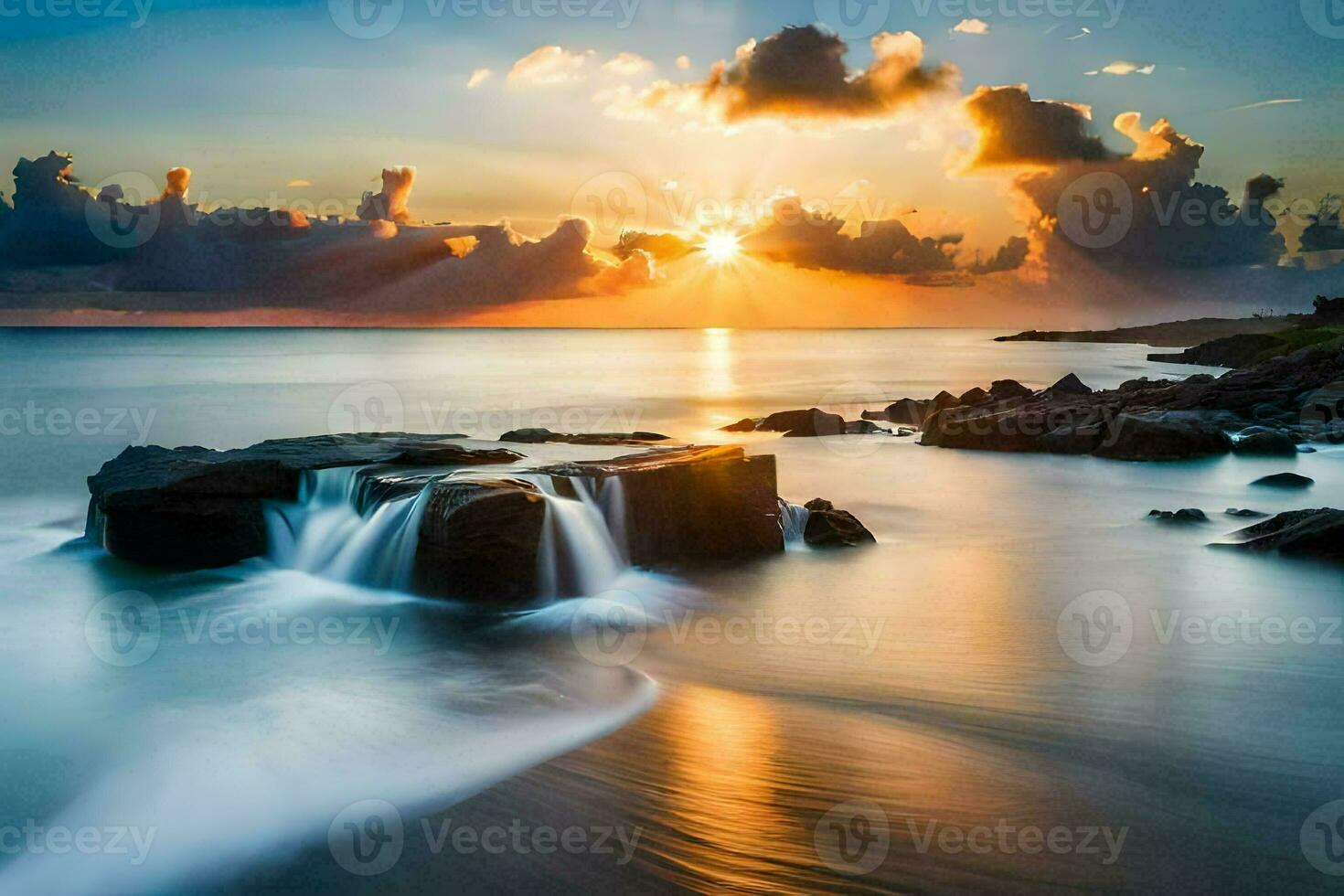 the sun sets over the ocean and rocks. AI-Generated photo