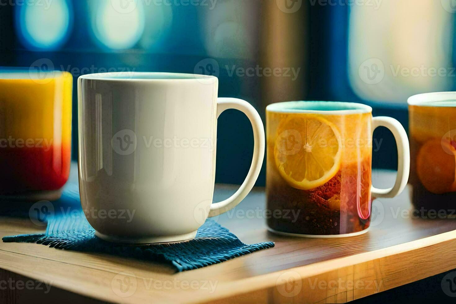 three coffee mugs sit on a table. AI-Generated photo