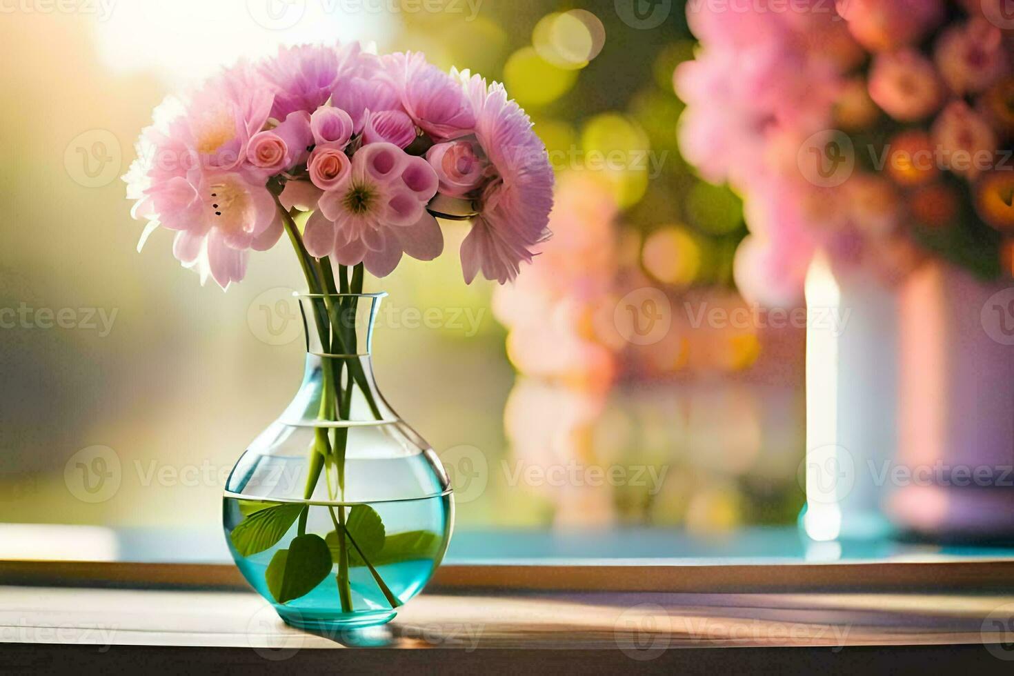 a vase with pink flowers sitting on a table. AI-Generated photo
