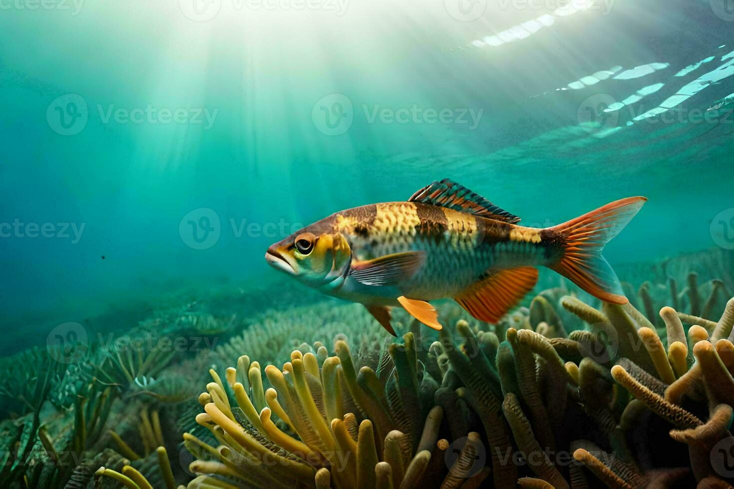 a fish swimming in the ocean with sunlight shining on it. AI-Generated photo