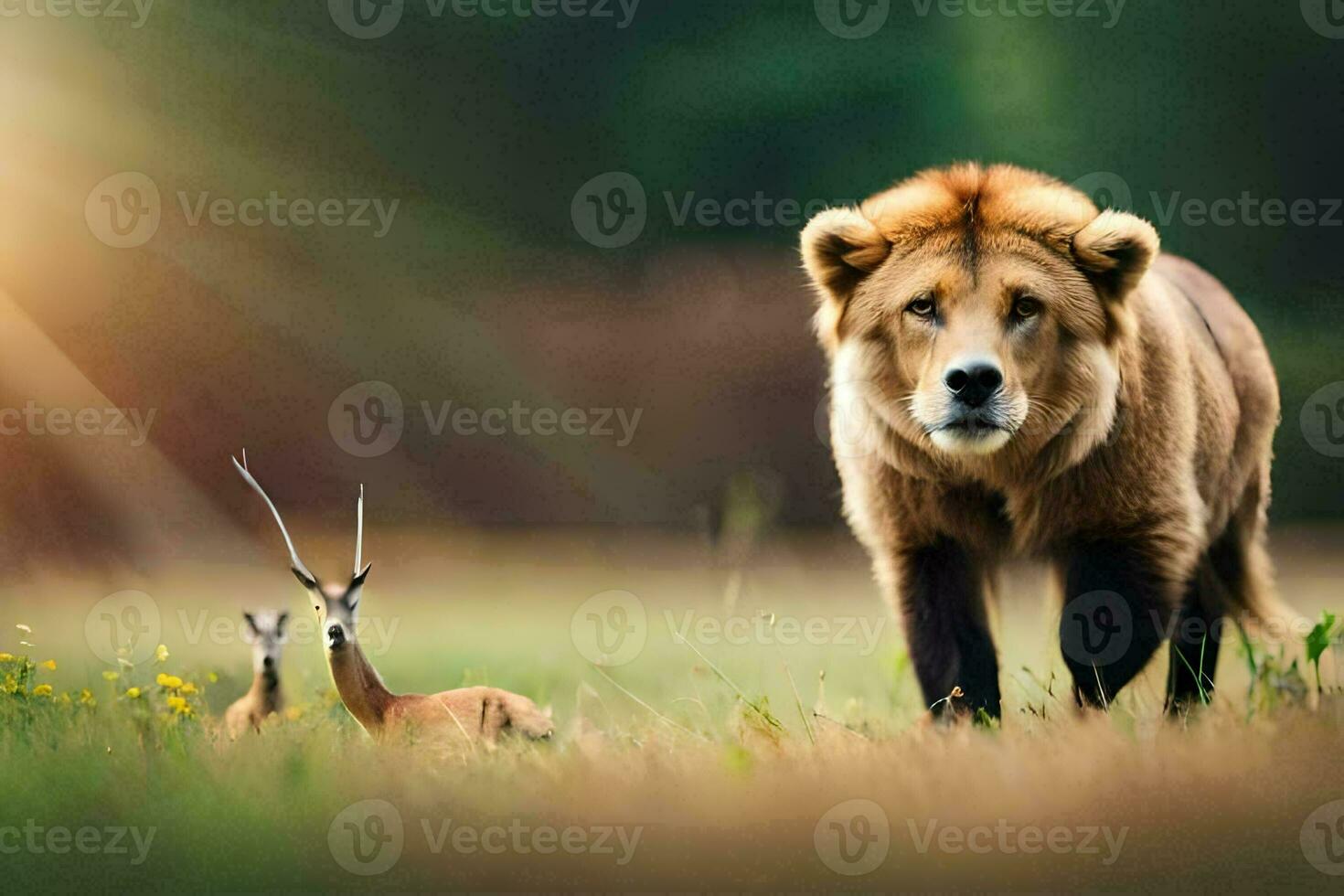 a lion and an antelope walk in the grass. AI-Generated photo