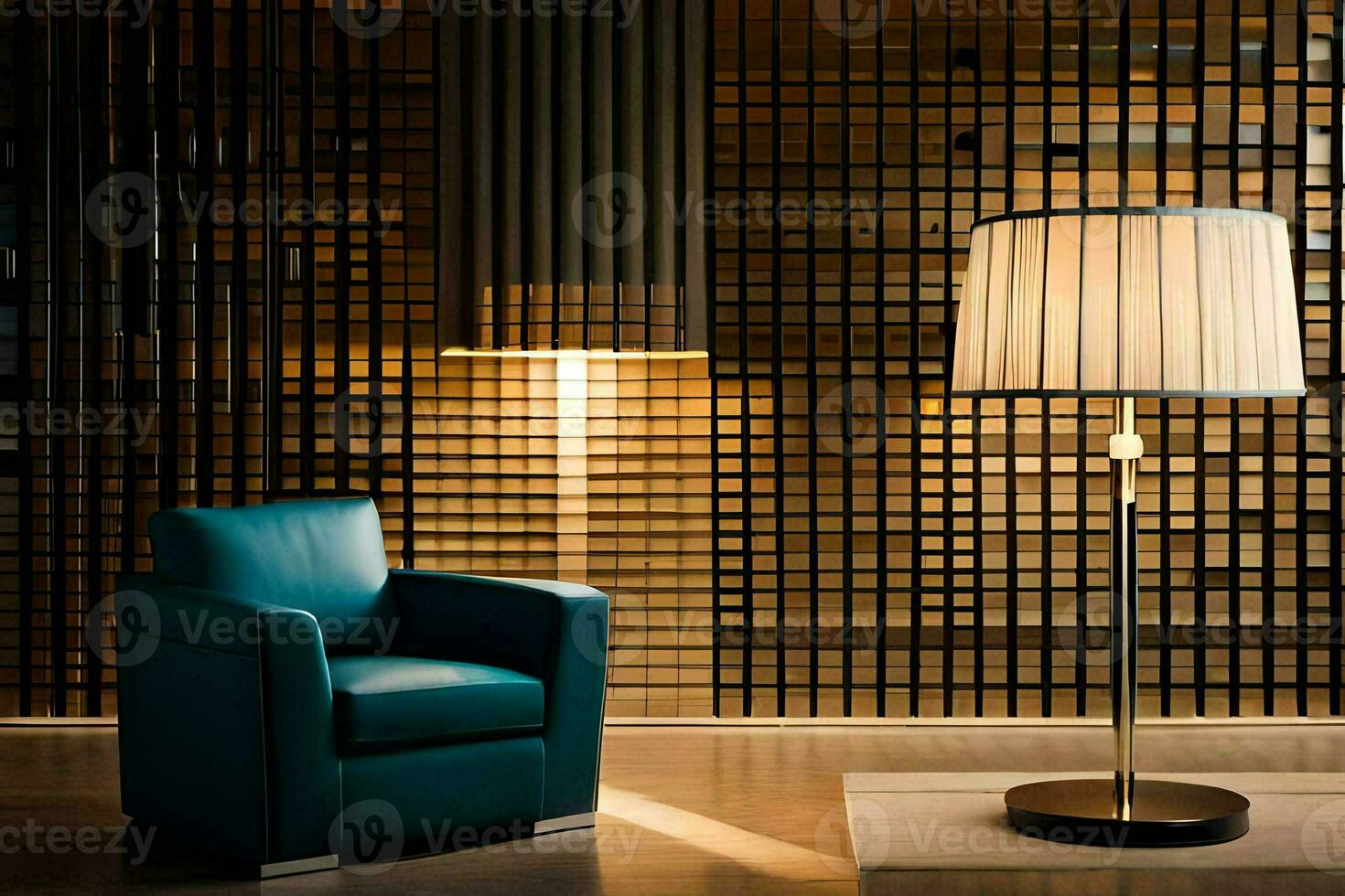 a chair and lamp in front of a wall. AI-Generated photo