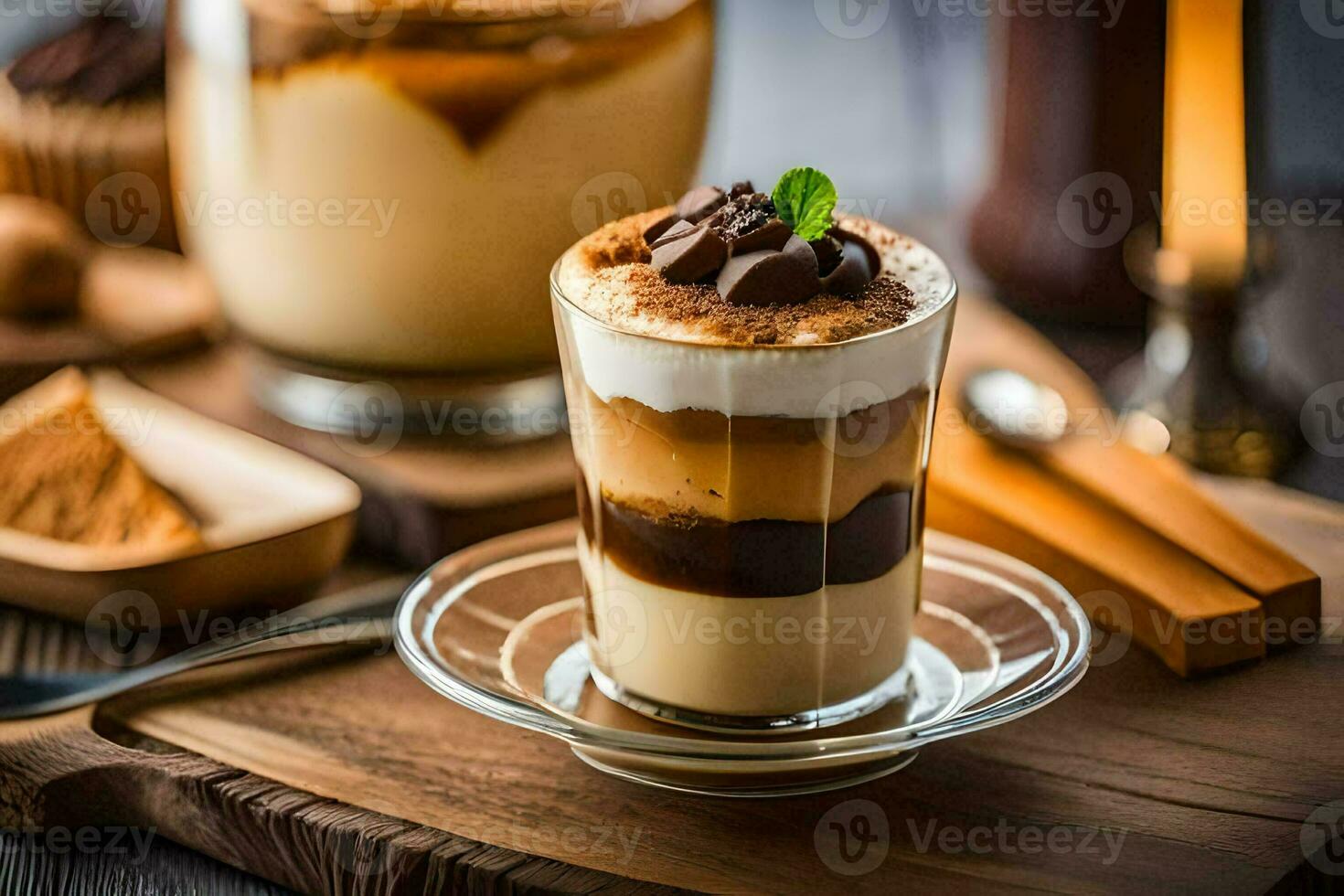 a dessert with chocolate and coffee on a wooden table. AI-Generated photo
