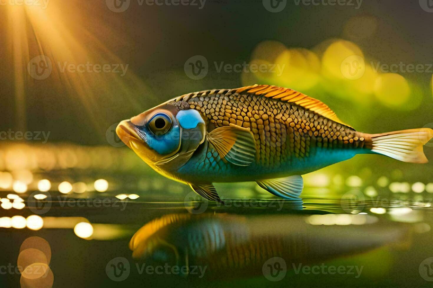 a fish is swimming in the water with a bright light. AI-Generated photo