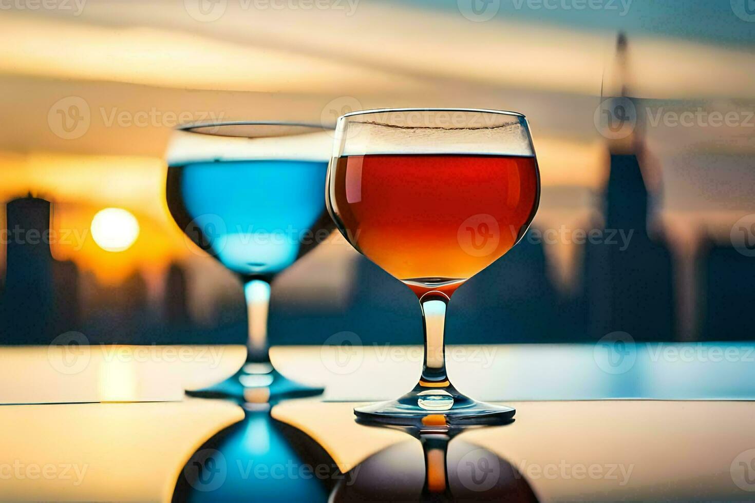 two glasses of wine on a table with a city skyline in the background. AI-Generated photo
