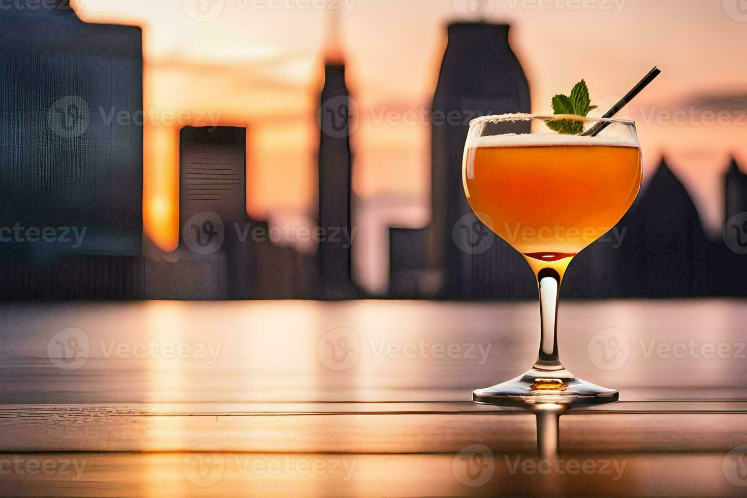 a glass of orange drink with a city skyline in the background. AI-Generated photo