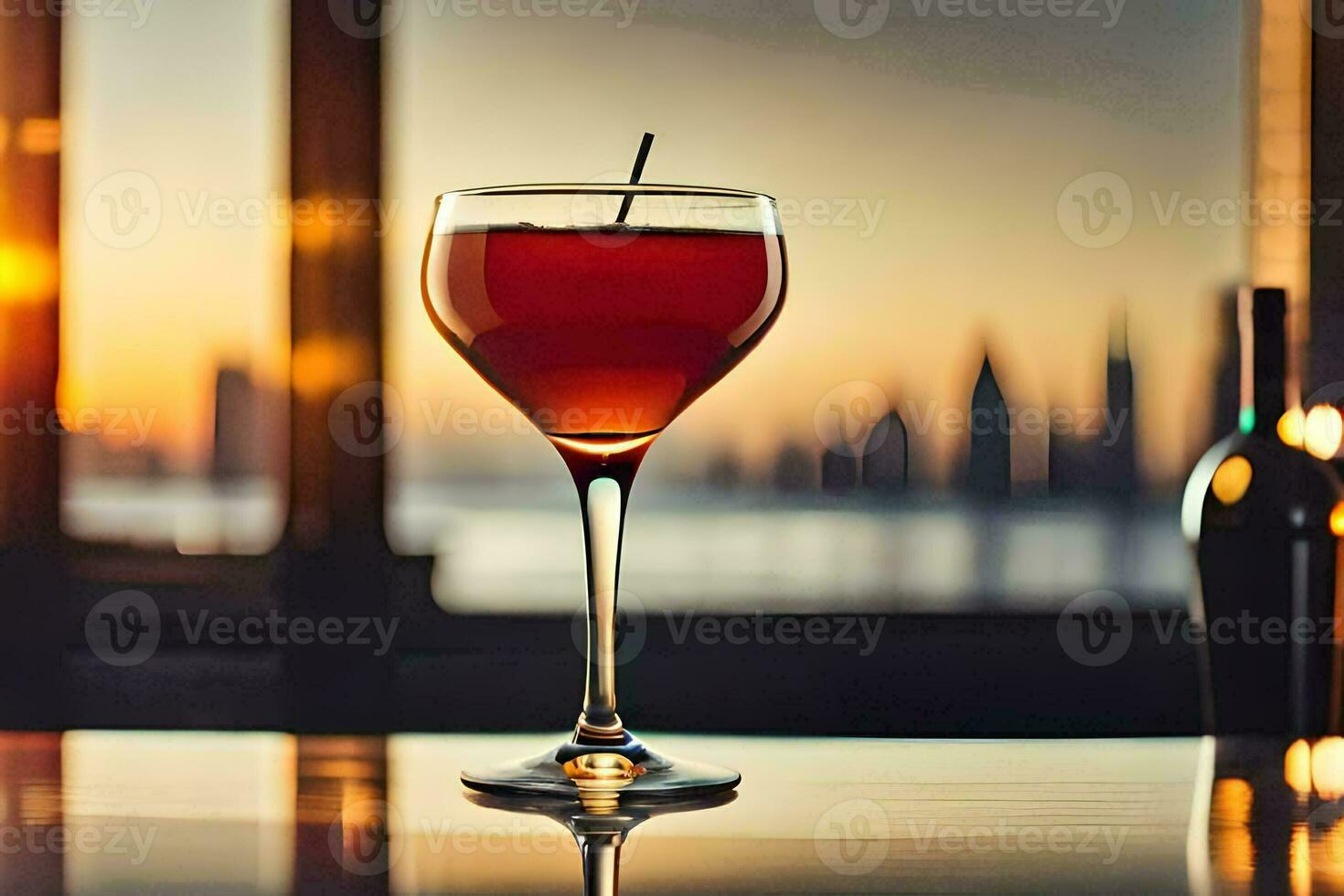 a glass of red wine sitting on a table in front of a city skyline. AI-Generated photo