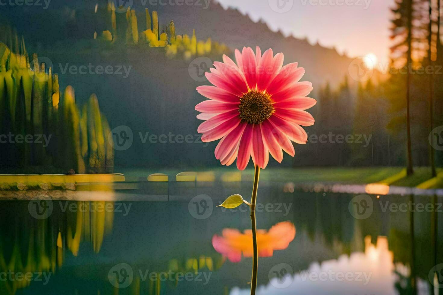 a pink flower stands in front of a lake. AI-Generated photo