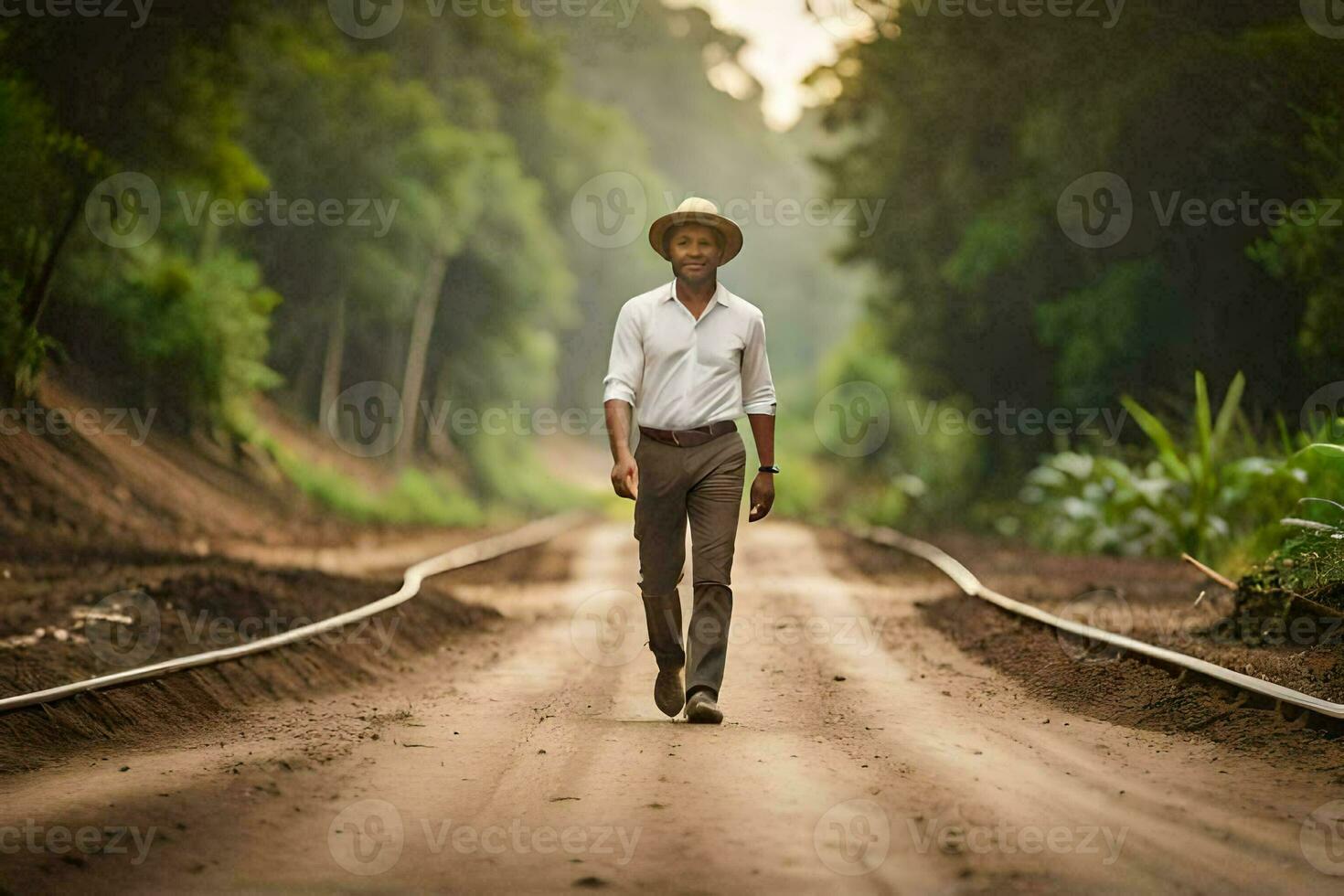 a man in a hat walks down a dirt road. AI-Generated photo