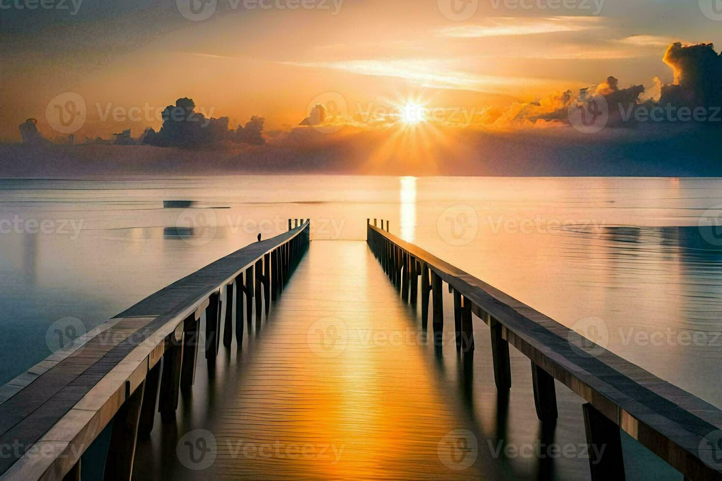 a pier in the ocean at sunset. AI-Generated photo