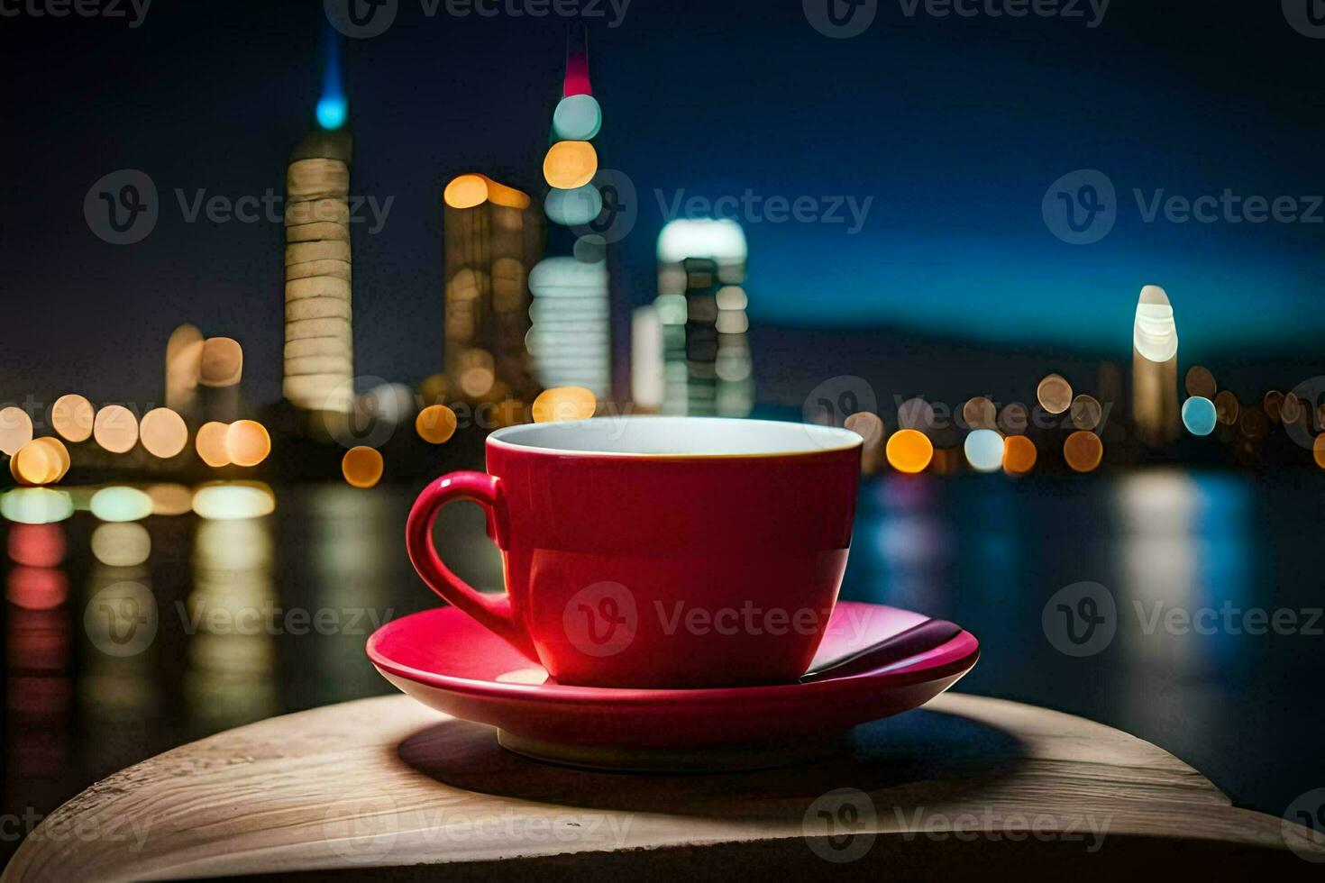 a cup of coffee on a wooden table in front of a cityscape at night. AI-Generated photo