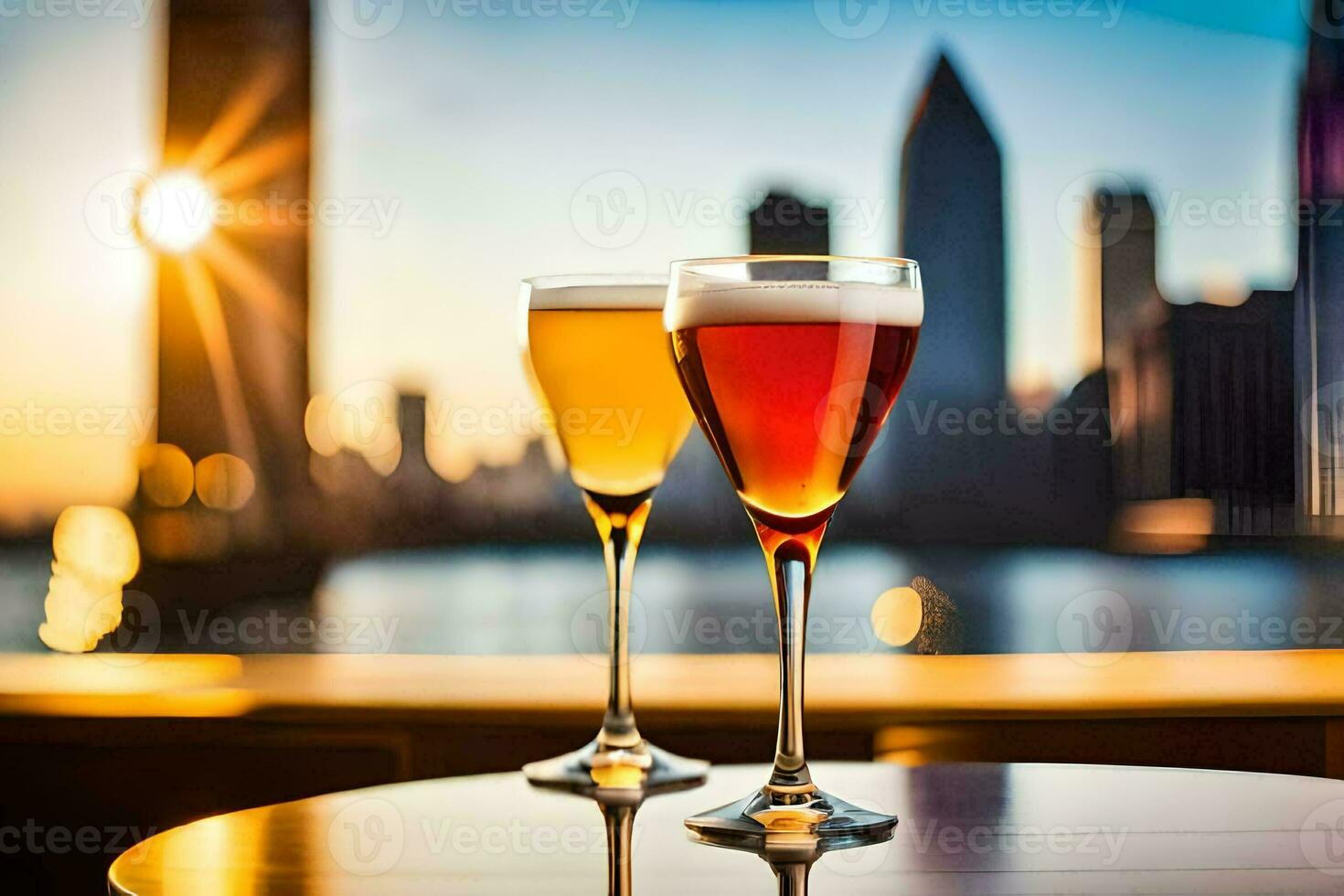 two glasses of beer on a table in front of a city skyline. AI-Generated photo