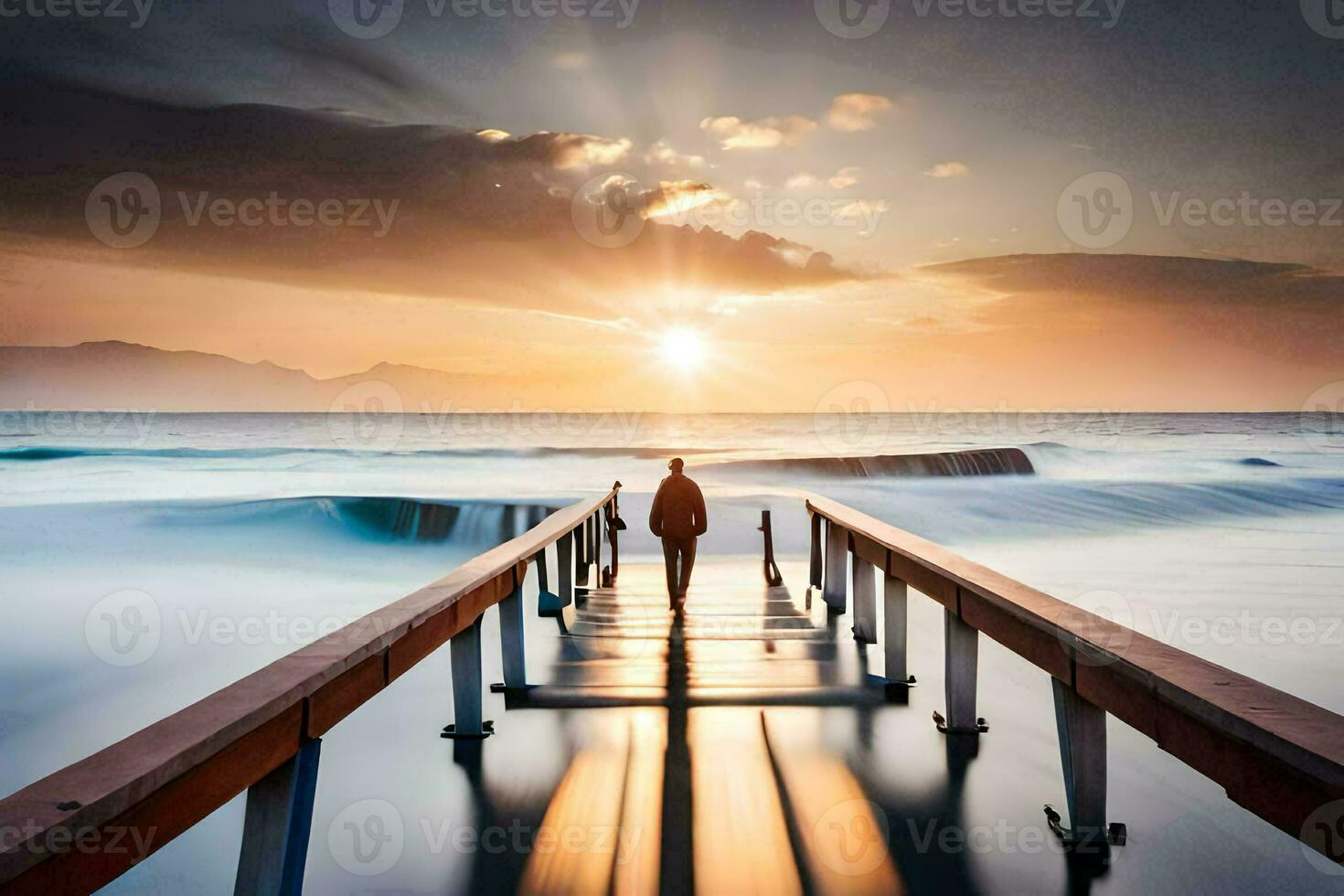 a man walking on a pier at sunset. AI-Generated photo