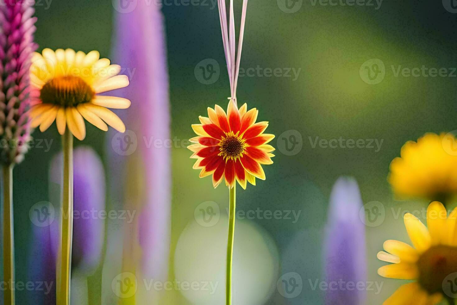 a colorful flower is in the middle of a field. AI-Generated photo
