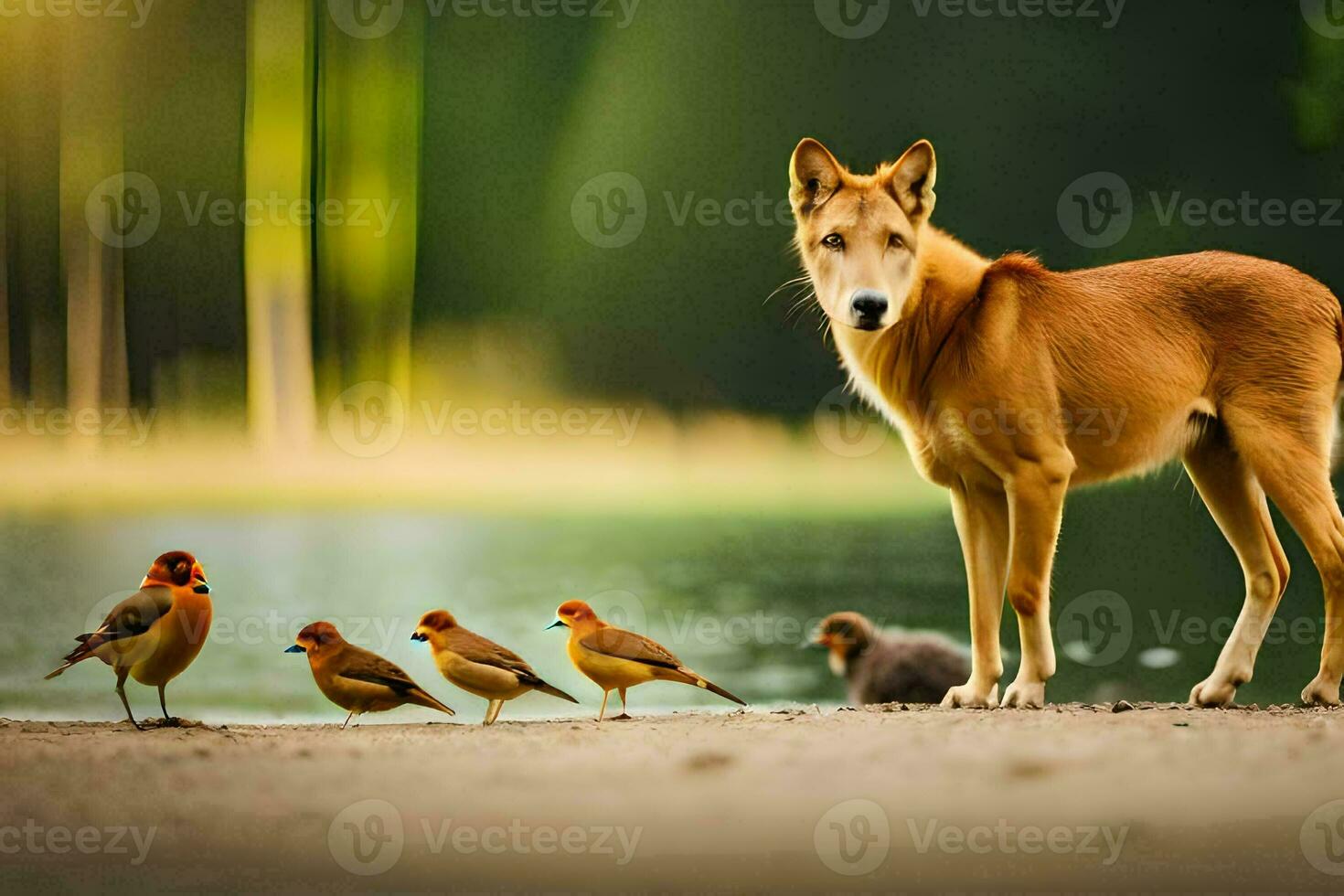 a dog and birds standing next to a lake. AI-Generated photo