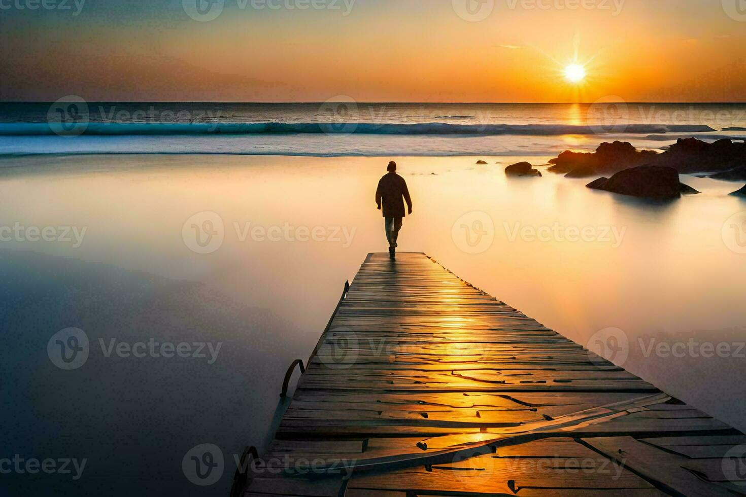 a man walking on a wooden pier at sunset. AI-Generated photo