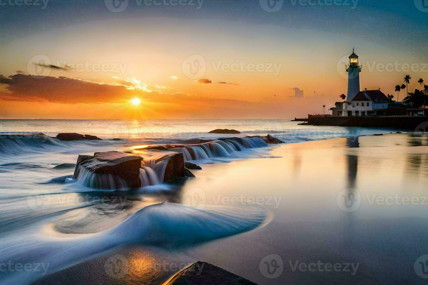 the sun sets over the ocean and a lighthouse. AI-Generated photo