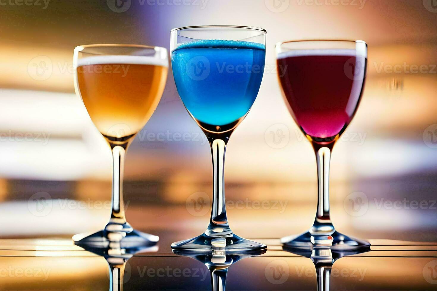 three glasses of colored liquid are shown in a row. AI-Generated photo