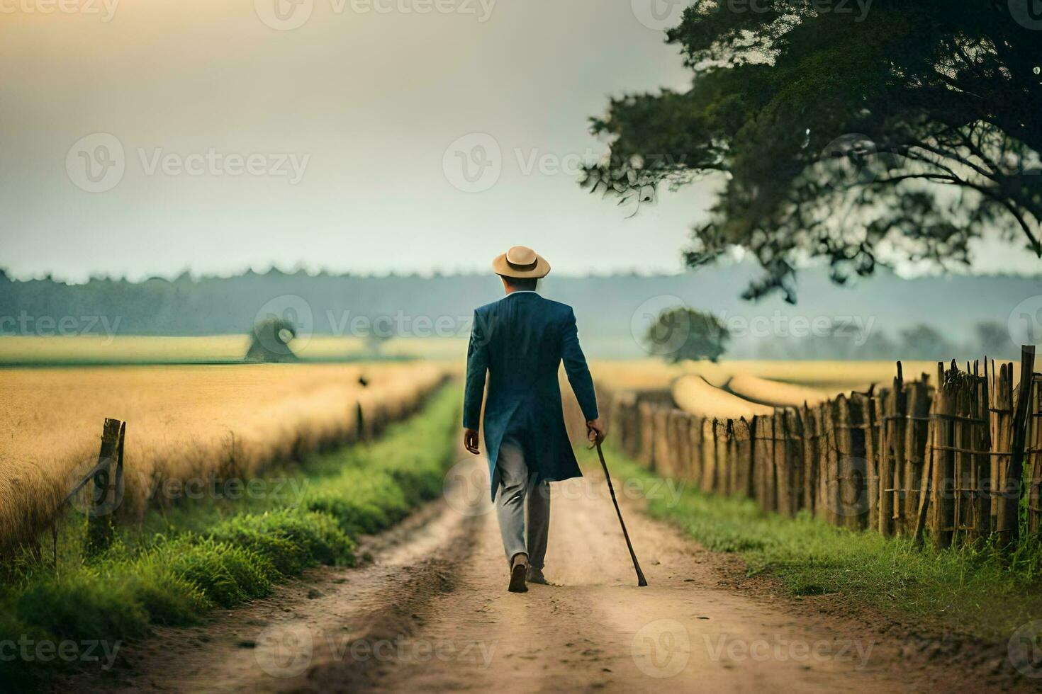 a man in a suit walks down a dirt road. AI-Generated photo